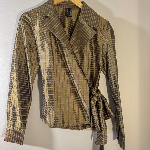 VTG Dué Per Dué Silk Blend Wrap Top | Metallic Gold Grid Check Blouse (Size 6) - Picture 3 of 8